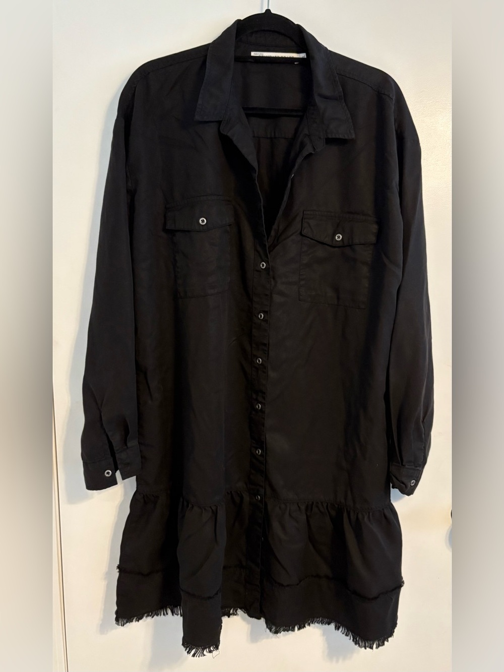 Black Long-Sleeve Shirt Dress with Ruffle Hem